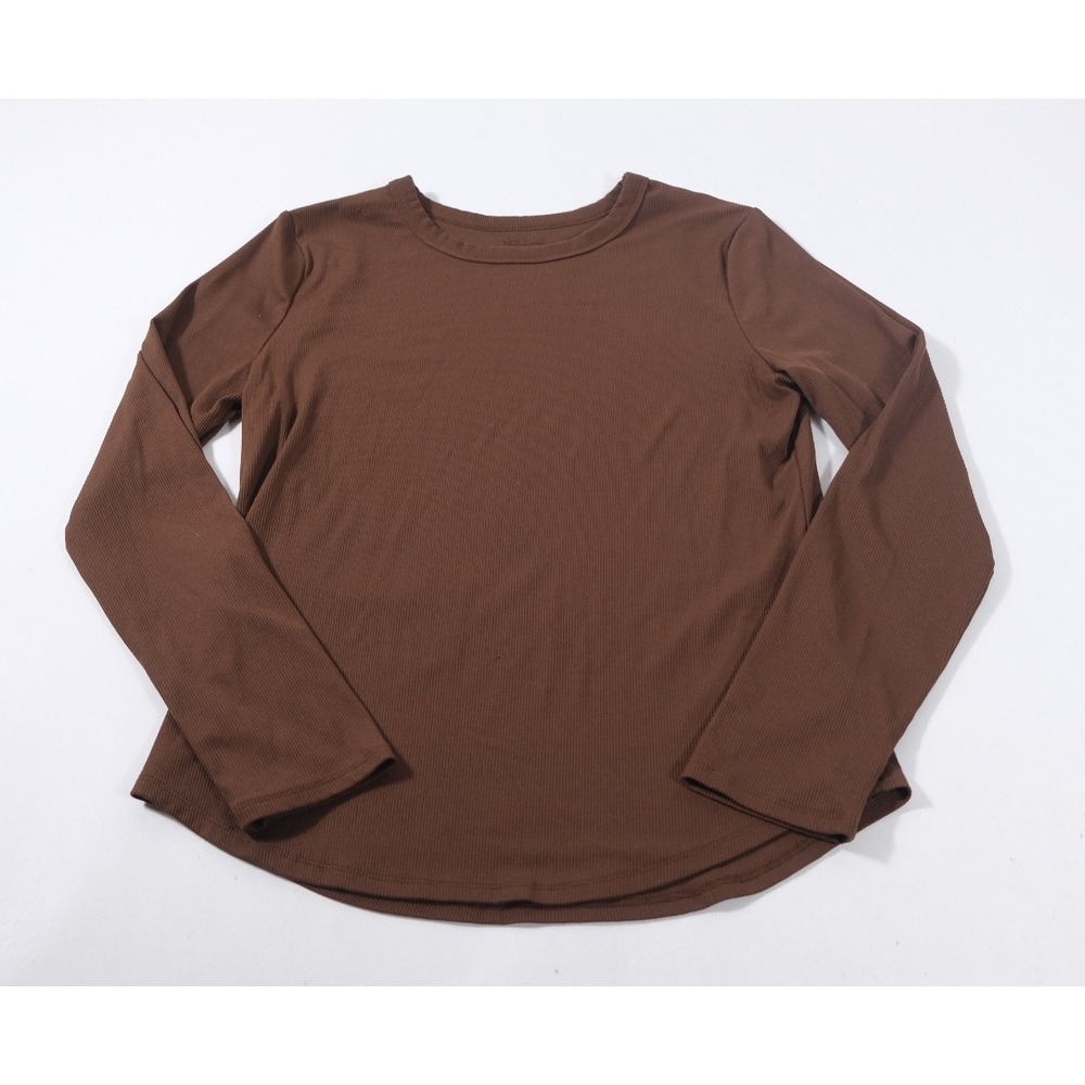 No Boundaries Top Womens XL Brown Ribbed Knit Long Sleeve Crew Neck Curved Hem